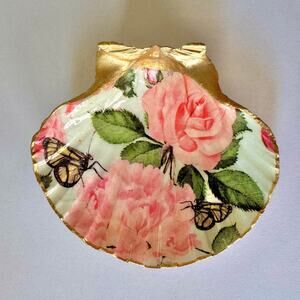 Rose Butterfly Shell Trinket Dish I Floral Ring Jewelry Holder